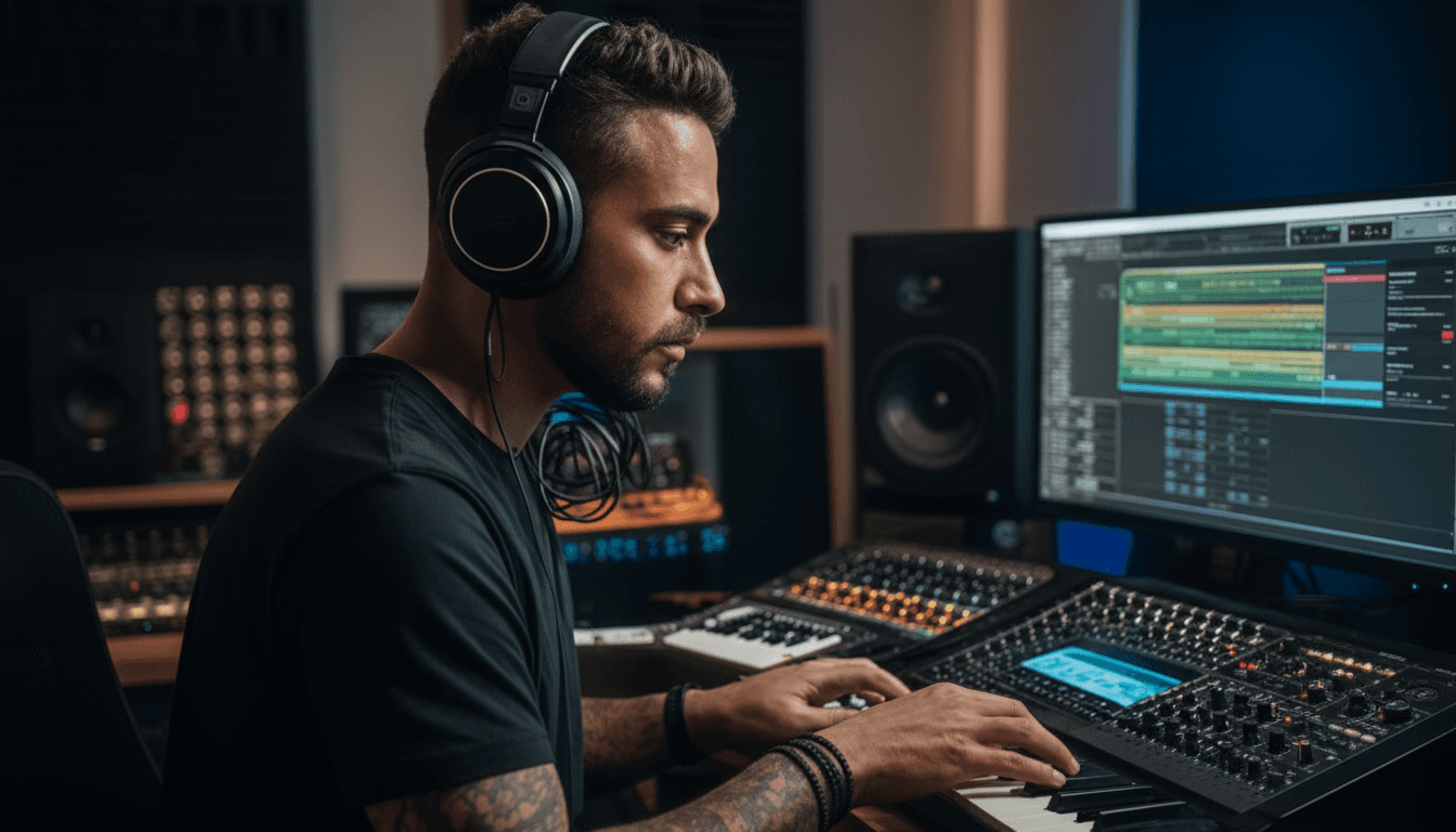 Person wearing headphones while producing music at a studio desk