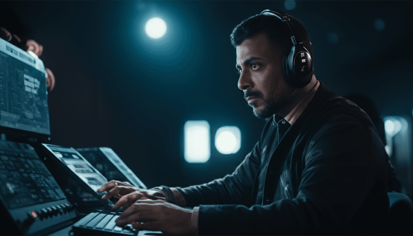 Two people listening together with over-ear headphones indoors