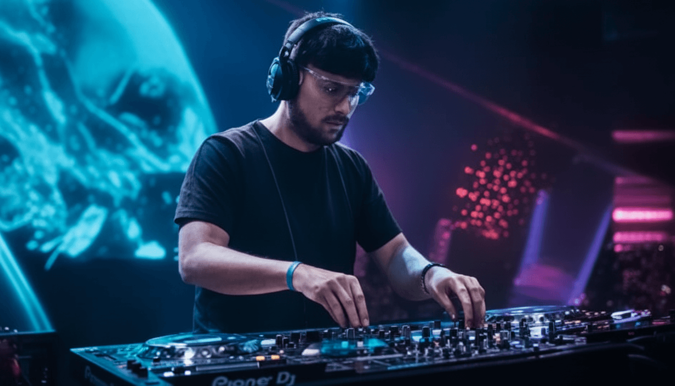 DJ wearing headphones at a live show with stage lights